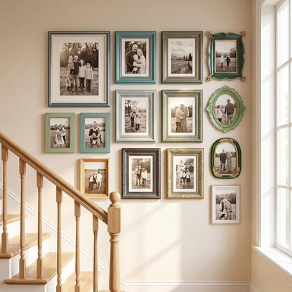 Kathfly 15 Pack Vintage Picture Frames for Wall or Tabletop Display Ornate French Country Frames Vintage Farmhouse Decor Antique Wall Art Set for Gallery Bedroom Living Room Decor (Blue-green Family)