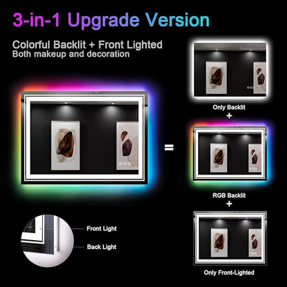 Snowdool LED Mirror for Bathroom, 40"X30" with 8 RGB Backlit +3 Front Lit (Adjustable Individually), Anti-Fog, Lighted Bathroom Vanity Mirror for Wall, Shatterproof, Memory Function, Tempered Glass
