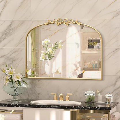 Besdomus Antique Arched Gold Mirror: 32"x24" Large Arch Bow Antique Wall Mounted Mirror - Baroque Traditional Ornate for Living Room/Fireplace/Bathroom- Home Decor for Homemakers