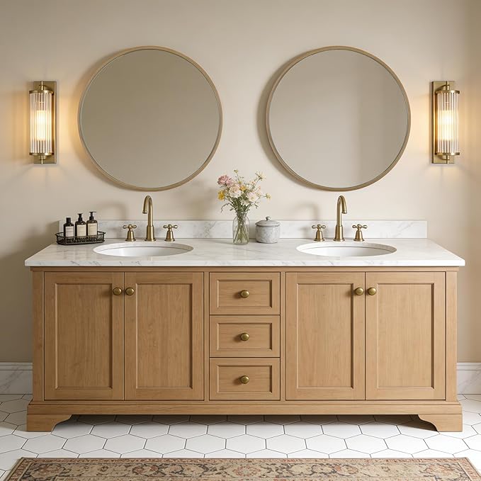 WallBeyond Round Mirror with Wood Frame, 28" Circle Modern Decoration Large Home Decor Mirror for Bathroom Living Room Bedroom Entryway (28" Diameter, Natural Wood)
