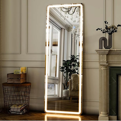 GLSLAND LED Full Length Mirror - 56" x 20" Floor Standing Mirror with Light for Bedroom/Cloakroom -Dimmable & 3 Color Lighting/Wall Mounted Full Body Mirrors
