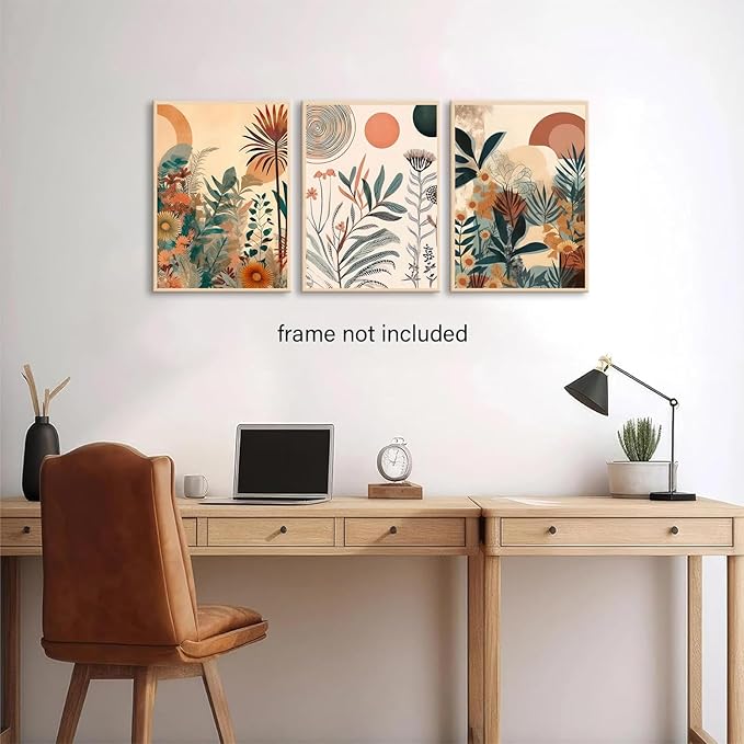 LYPHNX Boho Burnt Orange Botanical Floral Canvas Wall Art Abstract Terracotta Jungle Poster Pictures Set of 3 Flower Prints Painting Home Decor for Bathroom Bedroom Living Room 12"x16" Unframed