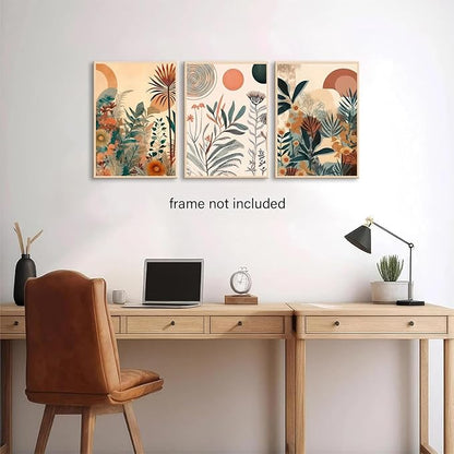 LYPHNX Boho Burnt Orange Botanical Floral Canvas Wall Art Abstract Terracotta Jungle Poster Pictures Set of 3 Flower Prints Painting Home Decor for Bathroom Bedroom Living Room 12"x16" Unframed