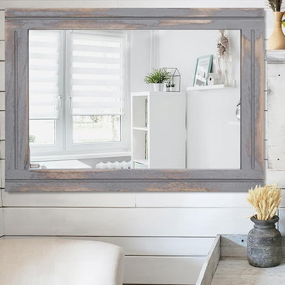 AAZZKANG Wood Framed Mirror Rectangular Rustic Wall Mirrors Decorative Large 28"x20" for Farmhouse Bathroom Living Room Bedroom Grey