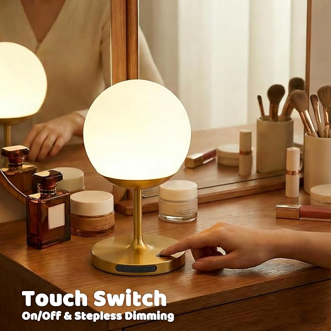WEILAILUX Cordless Table Lamp with Globe Shade, Rechargeable Dimmable Bedside Light, Shower Lamp Waterproof, Touch Control, 8-72 Hours Runtime, 2700K Warm White for Indoor Outdoor (Gold, Short)