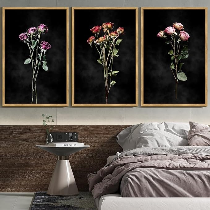 Drsoum Vintage Dark Moody Flower Bouquet Wall Art Framed Retro Wildflower Botanical Prints Modern Nature Plant Floral Rustic Artwork Bedroom Living Room Ready to Hang 24x36in Natural Framed