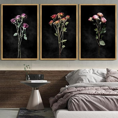Drsoum Vintage Dark Moody Flower Bouquet Wall Art Framed Retro Wildflower Botanical Prints Modern Nature Plant Floral Rustic Artwork Bedroom Living Room Ready to Hang 24x36in Natural Framed
