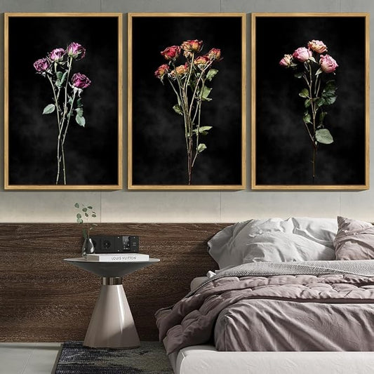 Drsoum Vintage Dark Moody Flower Bouquet Wall Art Framed Retro Wildflower Botanical Prints Modern Nature Plant Floral Rustic Artwork Bedroom Living Room Ready to Hang 24x36in Natural Framed