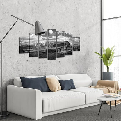 LevvArts XLarge 7 Pieces Barn Wall Art Black and White Moulton Barn Picture Prints Wyoming Landscape Artwork for Home Living Room Decor Framed 70" W x 32" H