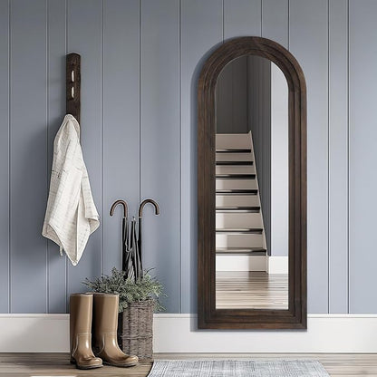 MELOMOIR Arched Full Length Mirror with Solid Wood Frame, 56"x21" Rustic Farmhouse Floor Mirror with Stand, Free Standing Leaning Hanging, for Bedroom Living Room Dressing Room Entryway, Brown