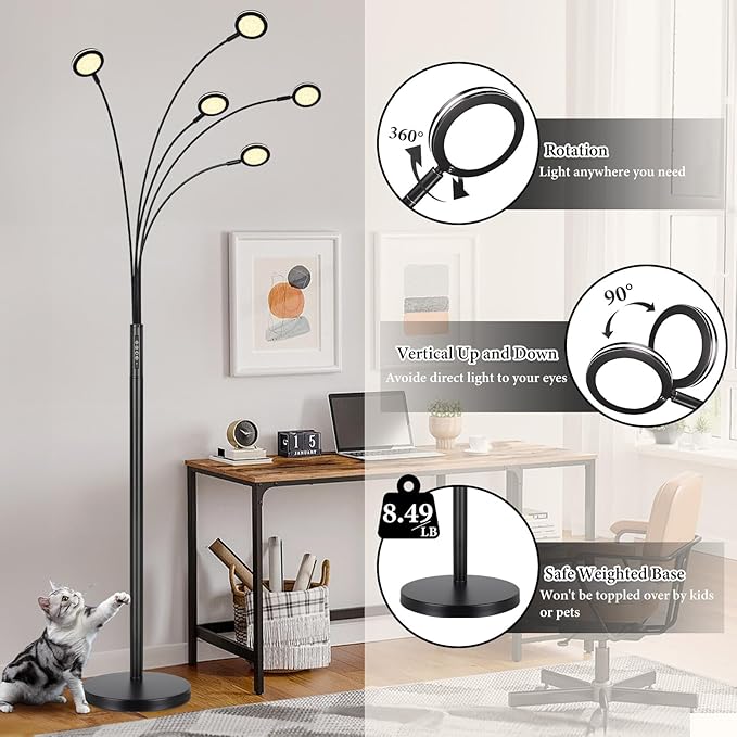 LED Arc Floor Lamp with Remote, 2250LM Dimmable Floor Lamp with Timer, Adjustable Colors, Brightness & 5 Adjustable Arms,Multi-Head Tall Tree Standing Lamp for Living Room Bedroom Corner Office, Black
