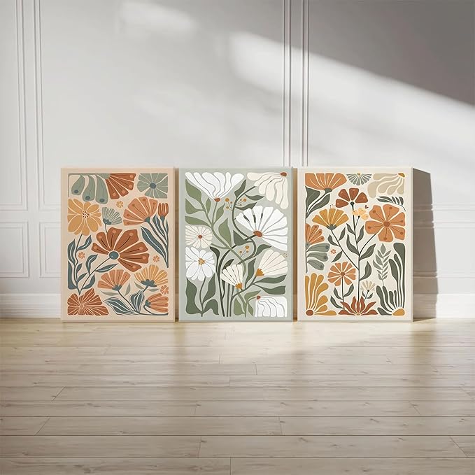 KISSFOX 3 Piece Framed Wall Art Floral Wall Decor Flower Canvas Art Green Beige Yellow Pictures Abstract Paintings Boho Prints Modern Artwork For Bedroom Bathroom Living Room