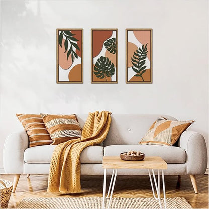 KAIRNE Boho Tropical Wooden Wall Art Set,Botanical Palm Leaf Wood Decor,Farmhouse Geometric Hanging Decor Set of 3(8X16),Framed Minimalist Nature Bohemian Wood Art For Living Room Bedroom Office Decoration,