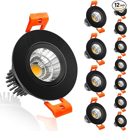 inShareplus 2 Inch LED Downlight, 3W Recessed Lighting 220LM COB Dimmable, 4000K Natural White, CRI80, Black Trim, Ceiling Lights with LED Driver, 12 Pack