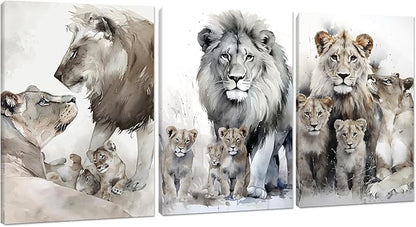 Lion Family Portrait Pictures Wall Decor Artwork Modern 3 Piece Lion Poster Wall Art Animal Canvas Paintings Living Room Home Office Decorations, Framed 72”W x 36”H