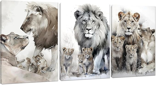 Lion Family Portrait Pictures Wall Decor Artwork Modern 3 Piece Lion Poster Wall Art Animal Canvas Paintings Living Room Home Office Decorations, Framed 72”W x 36”H