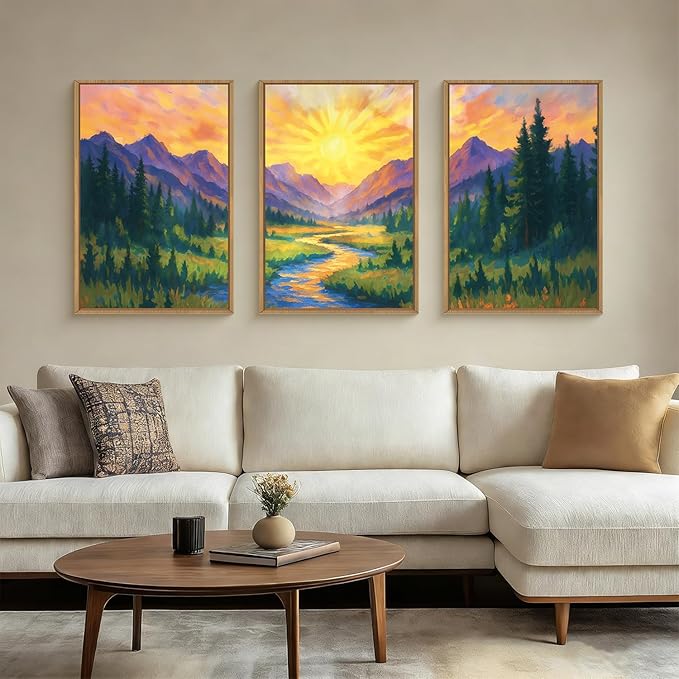 HPNIUB Boho Sunrise Mountain Framed Wall Art Set,Colorful Nature Wilderness Wall Decor,Abstract Landscape Art Print,Sunset Pine Tree Artwork for Living Room, Bedroom,Dining Room,Office-24 x36 x3