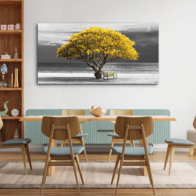 wall art for living room Decorations Photo Prints - panoramic black and white with yellow trees The moon scenery - Modern Home Decor The room Stretched and Framed Ready to Hang artwork 20X40inches