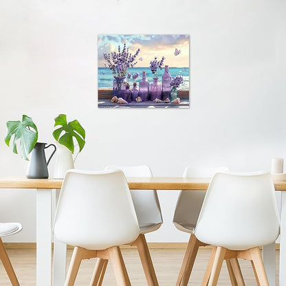 LB Ocean Purple Lavender Wall Art Purple Flower in Vase with Butterfly Canvas Wall Art Blue Sky and White Cloud Wall Decor for Living Room Bedroom Bathroom Office Framed Ready to Hang 12L x 16W