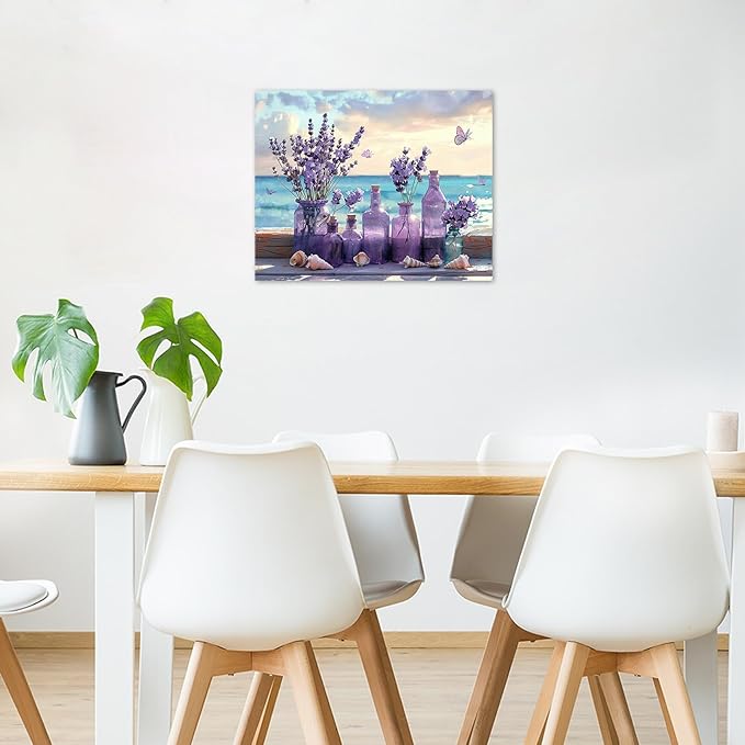 LB Ocean Purple Lavender Wall Art Coastal Beach Purple Flower with Butterfly Canvas Wall Art Blue Sky and White Cloud Wall Decor for Living Room Bedroom Bathroom Office Framed Ready to Hang 16L x 20W