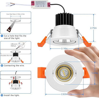 2 Inch Smart Recessed Lighting, WiFi 5W Recessed Light Compatible with Alexa and Google Home, Dimmable RGB & CCT 2700-6500K, 120V LED Downlight with LED Driver