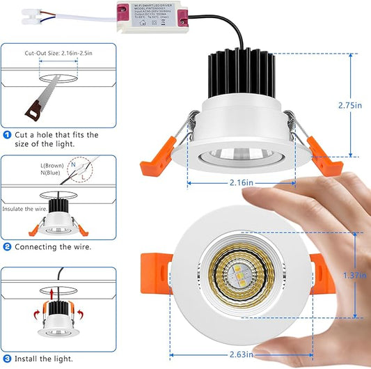 2 Inch Smart Recessed Lighting, WiFi 5W Recessed Light Compatible with Alexa and Google Home, Dimmable RGB & CCT 2700-6500K, 120V LED Downlight with LED Driver