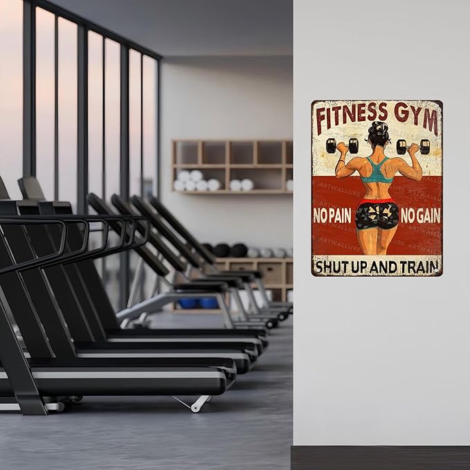 Fitness Gym Vintage Tin Sign No Pain No Gain And Train Metal Tin Signs Funny Weightlifting Workout Decor Gym Poster Room Wall Art 12x16inch