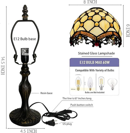 Tiffany Style Lamp Stained Glass Table Lamp 8 x 14.5” Mini Accent Light Phoenix Tail Beads Design Small Decorative Bedside Reading Memory Lamp