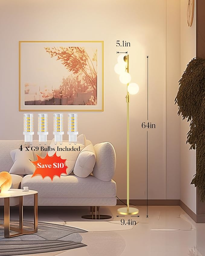 Lightdot 64IN Dimmable Globe Floor Lamp, Modern Gold Standing Lamps with 4PCS Warm White Bulbs Included,Mid Century Floor Lamp with 5Lbs Heavy Base for Living Room/Bedroom/Sofa Beside/Corner Decor