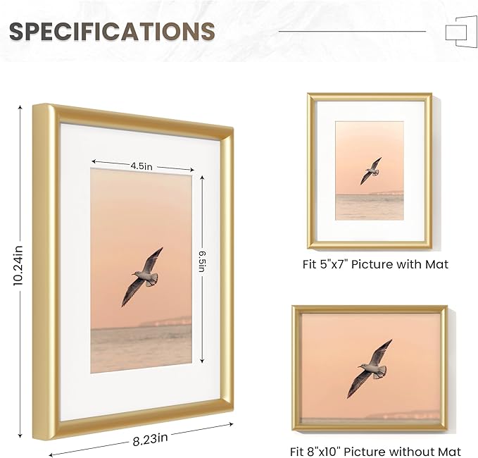Fun Memories 8x10 Aluminum Frame Gold, Set of 3, 8"x10" Aluminum Picture Frame for Wall & Tabletop Display, 8x10 Frame with Mat for 5x7, Metal 8 x 10 Picture Frame with Real Glass