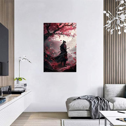 Japanese Samurai Wall Art Japan Warrior Plum Painting Canvas Prints Black and Red Picture Modern Watercolor Painting for Bedroom Living Room Office Home Decoration Framed (18''W x 24''H)