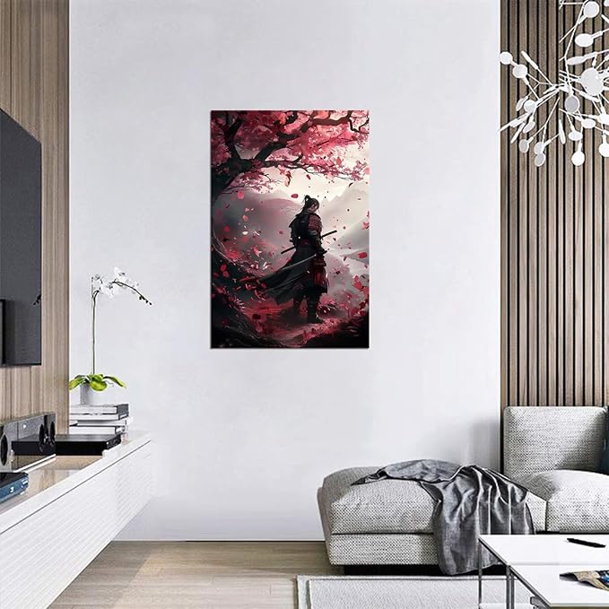 Japanese Samurai Wall Art Japan Warrior Plum Painting Canvas Prints Black and Red Picture Modern Watercolor Painting for Bedroom Living Room Office Home Decoration Framed (24''W x 36''H)