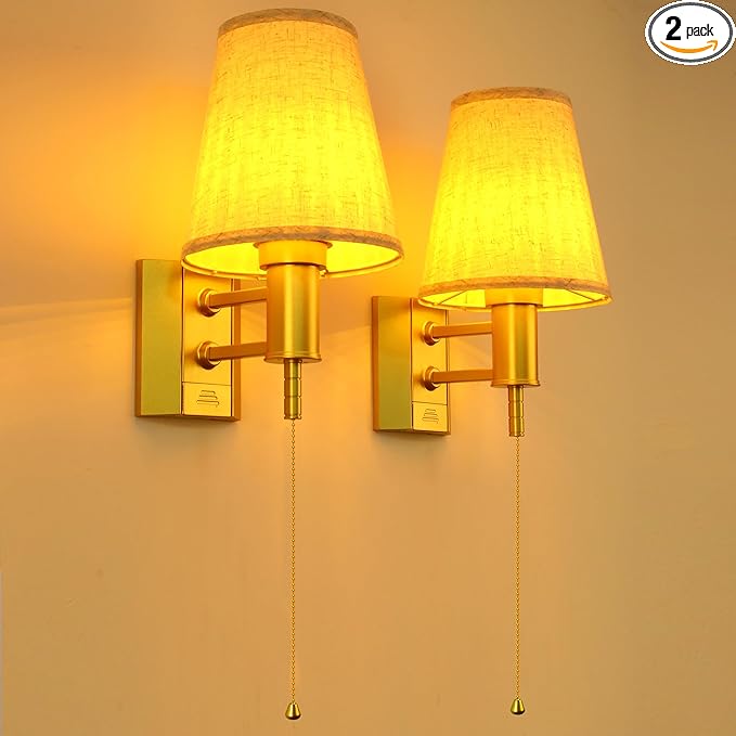 TECOMLIGHT Battery Operated Wall Sconce Lights for Bedroom Set of 2, Wireless Rechargeable LED Wall Lamp with Remote & On/Off Pull Chain, Wall Mount Lighting Fixtures for Living Room, Satin Gold