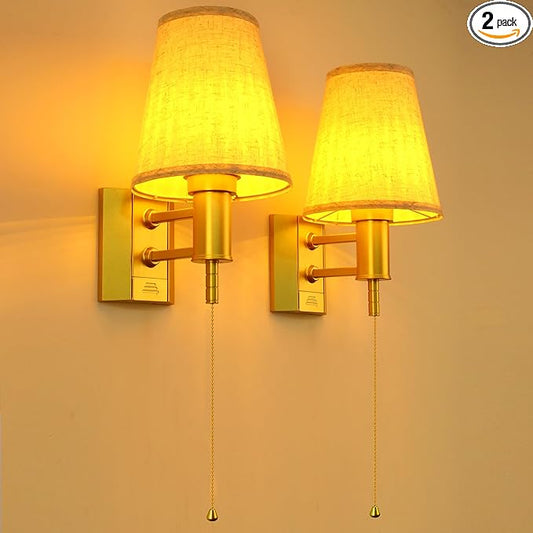 TECOMLIGHT Battery Operated Wall Sconce Lights for Bedroom Set of 2, Wireless Rechargeable LED Wall Lamp with Remote & On/Off Pull Chain, Wall Mount Lighting Fixtures for Living Room, Satin Gold