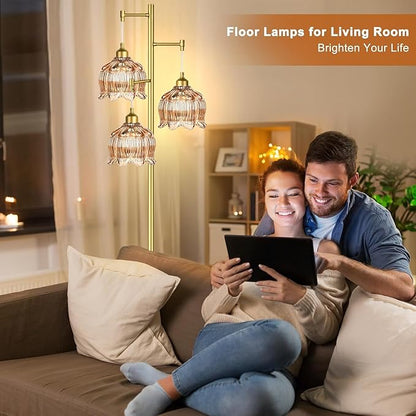 AHDWDW Gold Floor Lamp for Living Room Bedroom,Modern Floor Lamps with Unique Glass Shades,68IN Mid Century Tall Standing Lamp,Vintage Tree Floor Lamp for Corner Office Reading,3 Light Bulb Included