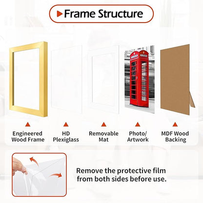 5x7 Picture Frame Set of 2, Gold Photo Frames for Gallery Wall Mounting or Table Display, Display Pictures 4x6 with Mat or 5x7 Without, Poster Frames with Plexiglass for Home Office Decor