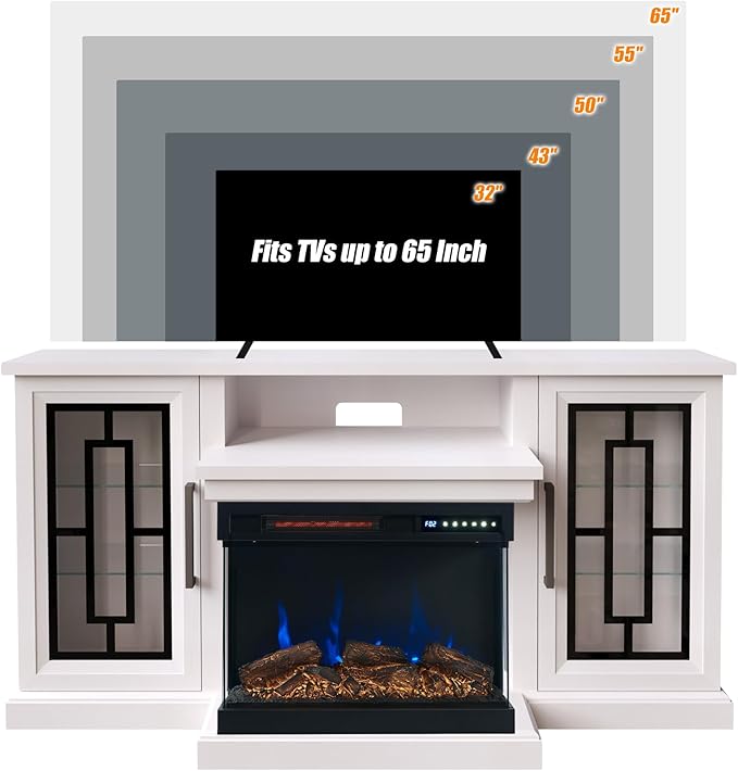 59 Inch LED TV Stand with 3-Side Glass Fireplace, Modern Media Entertainment Center Console Table for TVs up to 65 Inch with Adjustable Flame & LED Color, 24’’ Fireplace, Highboy, Antique White