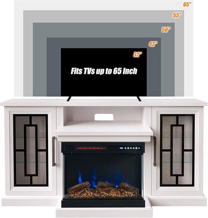 59 Inch LED TV Stand with 3-Side Glass Fireplace, Modern Media Entertainment Center Console Table for TVs up to 65 Inch with Adjustable Flame & LED Color, 24’’ Fireplace, Highboy, Antique White