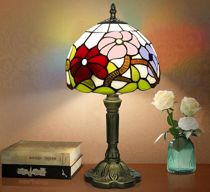 Tiffany Style Table Lamp, 3 Color Temperatures Bedside Lamp, 8 Inch Stained Glass Desk Light for Home Office Bedroom Living Room (Three Flower Pattern)