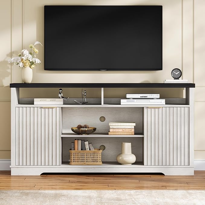 Modern TV Stand for TVs Up to 65 Inch, Fluted Entertainment Center with Storage Cabinet, TV Media Console Table with Adjustable Shelves for Living Room Bedroom, Black + White