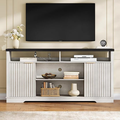 Modern TV Stand for TVs Up to 65 Inch, Fluted Entertainment Center with Storage Cabinet, TV Media Console Table with Adjustable Shelves for Living Room Bedroom, Black + White