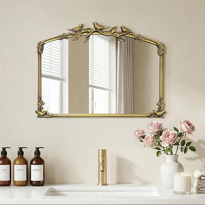 Gold Baroque Vintage Mirror for Vanity 19x25Inch Gold Antique with Ornate Frame, Arched Vintage Wall for Bathroom, Living Room, Fireplace, Entryway (Golden (Arched 6), 20"L x 26"W（Vertical ）)