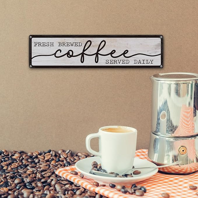 Coffee Metal Tin Signs, Fresh Brewed Coffee Served Daily Sign, Coffees Decoration for Cafe Bar Coffees Station, Kitchen, Restaurant, Hotel, Decorative Metal Wall Signs 15.8x4 Inches