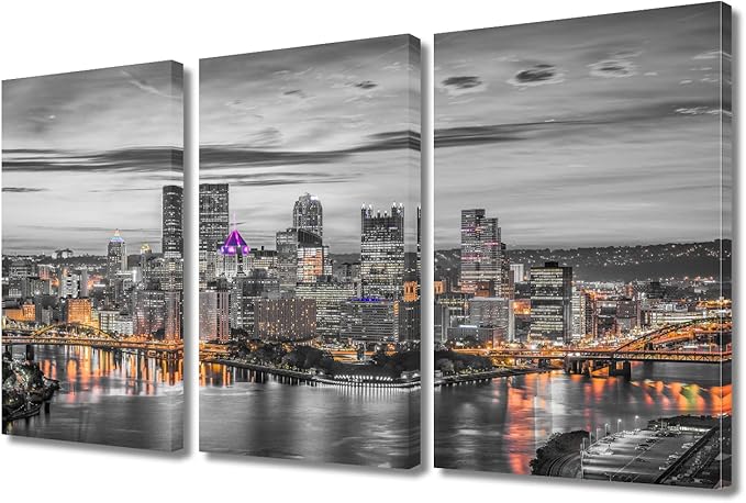 TUMOVO Pittsburgh Pennsylvania Skyscrapers Cityscape Canvas Wall Art American Nighttime Lightscape Wall Decor Living Room City Skyline Artwork Wall Decor for Bedroom Framed Ready to Hang (36" Wx24 H)