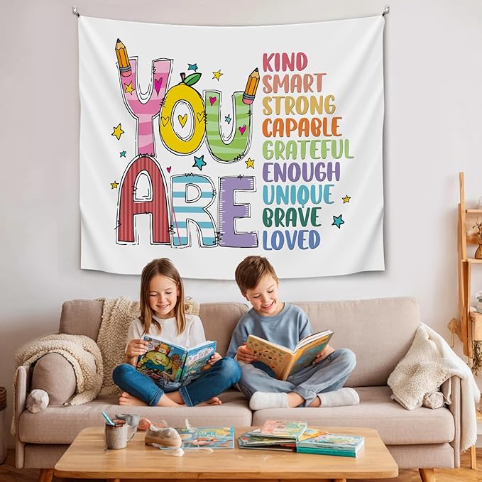 Soft Flannel Wall Tapestry – You Are Kind ,You Are Smart Inspirational Tapestry,Colorful Wall Hanging Decor for Bedroom Living Room Kids Room Decor,Birthday Party Wall Art Decoration 59x51 inch (Colorful-You are kind)