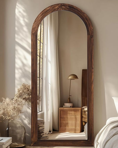 Full Length Mirror, 71"x32" Wooden Mirror Full Length with Stand Wood Floor Mirror, Oversized Stand Up Mirrors Large Wall Mirrors, Wall Mounted Mirrors, Arched Wood Style, Walnut