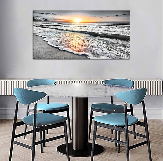 Bamdeya Large Size Wall Art Bedroom Black white Beach Wall Art Sunset Ocean Picture Painting Sea Decor Poster Office Artwork Living Room Decor Kitchen Prints Art Framed Canvas Decorations 24x48