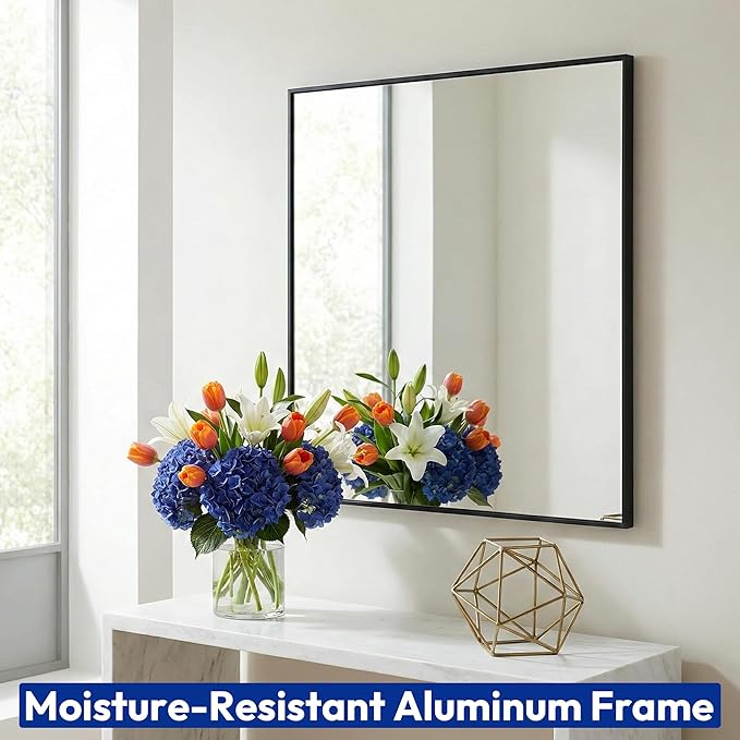 36" x 36" Large Matte Black Wall Mirror, Oversized Square Metal Framed Decor, Modern Statement Mirror for Living Room & Bathroom Vanity
