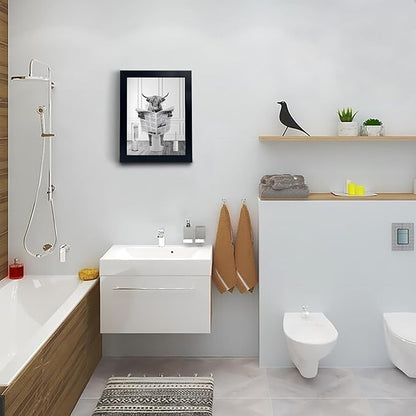 Black Framed Highland Cow Wall Art in Bathtub, Funny Black and White Canvas Picture, Humor Animals Artwork Prints for Bathroom, Bedroom, Kids Decor