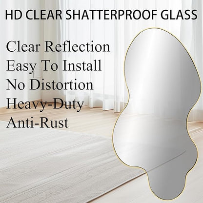 Irregular Wall Mirror, 60"x30" Gold Asymmetrical Mirrors Full Length, Large Abstract Mirrors with Metal Frame, Modern Unique Shaped Mirror for Living Room Bathroom Bedroom Hallway Entryway